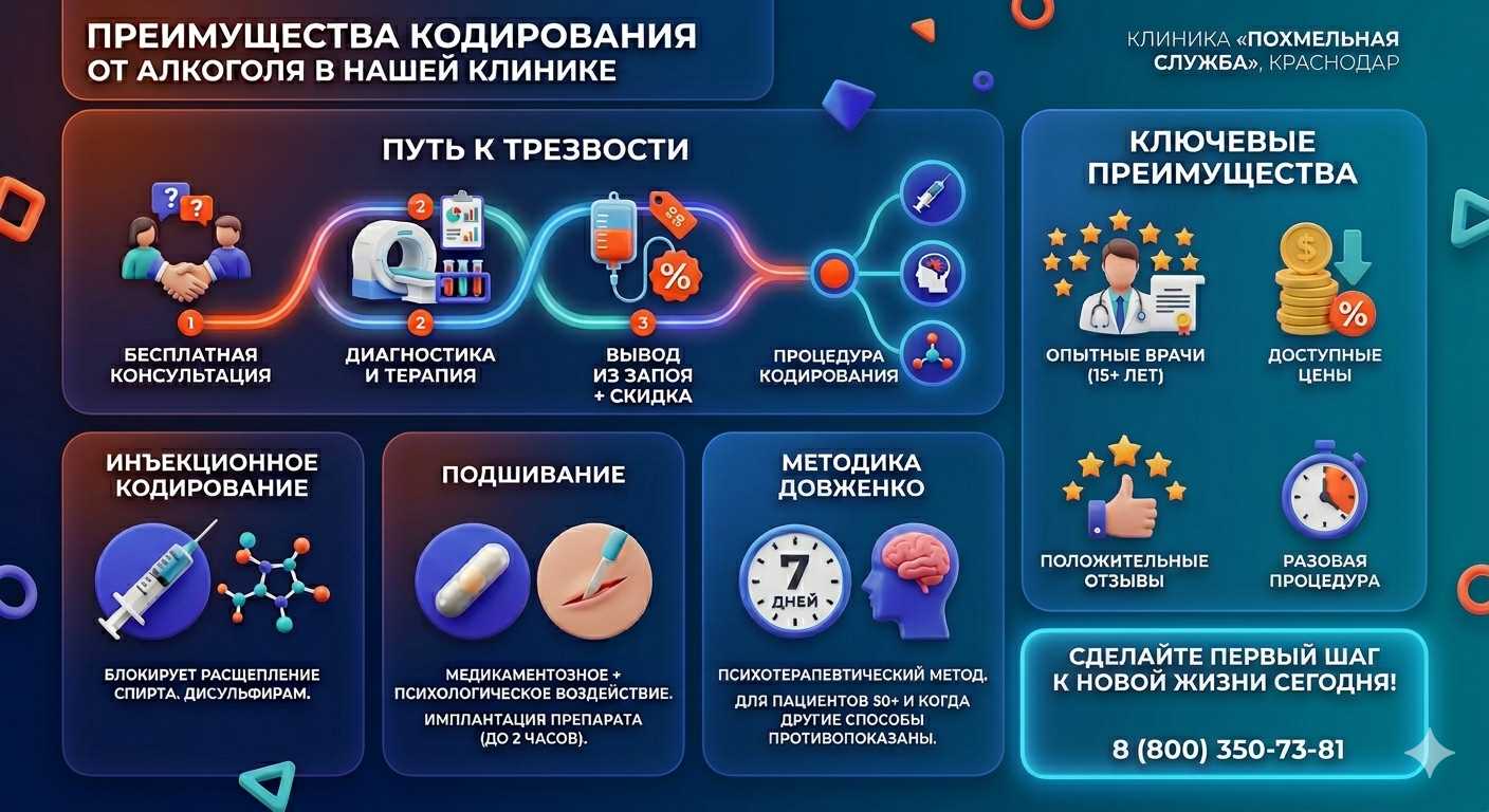 Инфографика о методах кодирования от алкоголя в Ак-Довураке: инъекции, подшивание, метод Довженко. Преимущества клиники и этапы лечения.