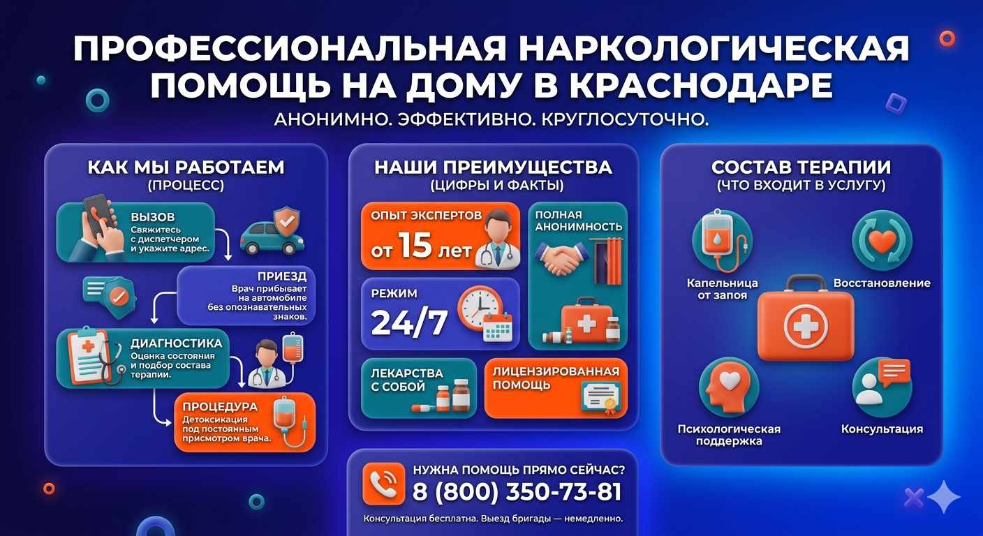 Инфографика о принципах лечения алкоголизма на дому в Ак-Довураке: этапы вызова нарколога, преимущества анонимной детоксикации и состав медицинской помощи.
